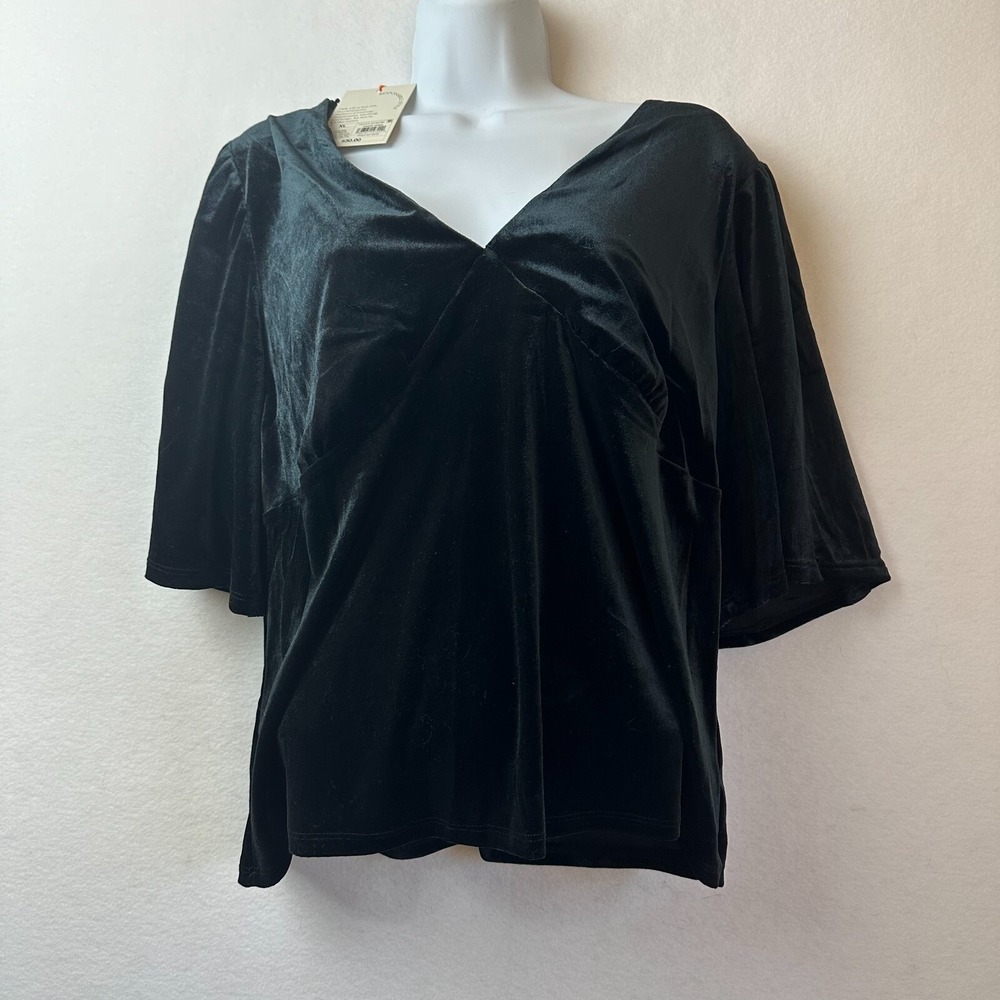 Knox Rose Black Velvet V-Neck Flutter Sleeve Blouse Top Ebony XL NWT